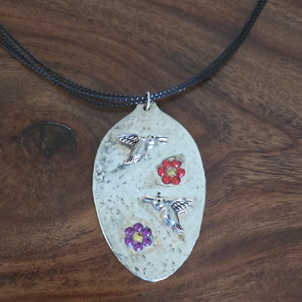 Hammered Spoon Pendant Necklace with Hummingbirds and Crystal Flowers